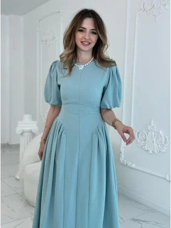 Arkadan Bağlamalı Eteği Yanları Büzgülü Keten Mint Elbise