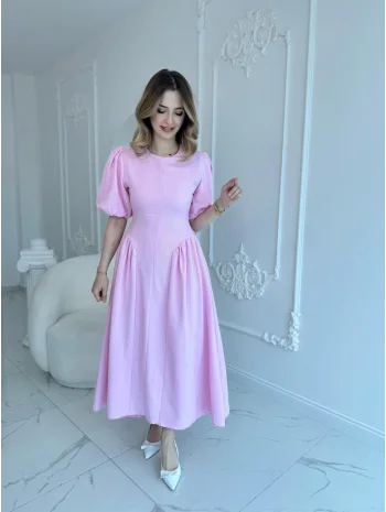 Arkadan Bağlamalı Eteği Yanları Büzgülü Keten Pembe Elbise