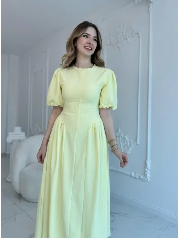 Arkadan Bağlamalı Eteği Yanları Büzgülü Keten Sarı Elbise