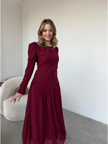 Asimetrik Bluz ve Şifon Etek Bordo Takım