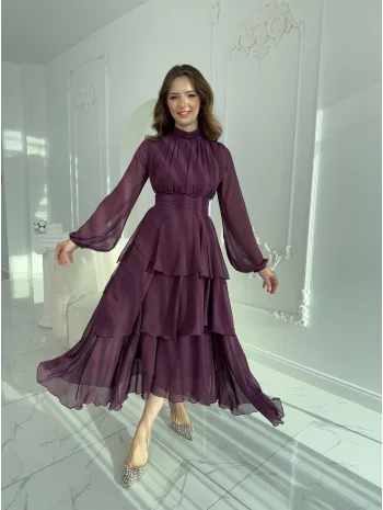 Asimetrik Kesim Kat Kat Şifon Mor Elbise