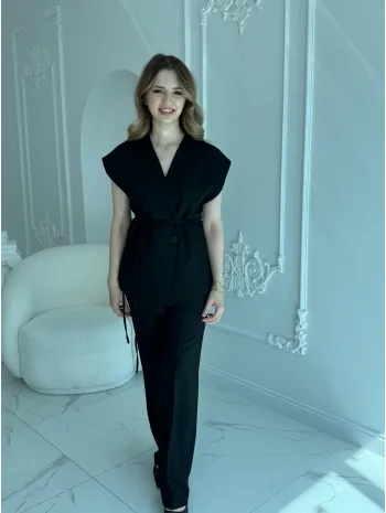 Bağlama Detaylı Siyah Yelek Pantolon Takım