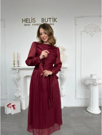 Bağlama Detaylı Simli Işıltılı Bordo Abiye Elbise