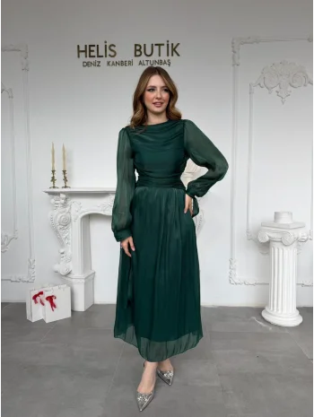 Bağlama Detaylı Simli Işıltılı Zümrüt Abiye Elbise