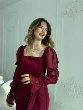 Bağlamalı Kol Tasarımlı Modern Bordo Elbise