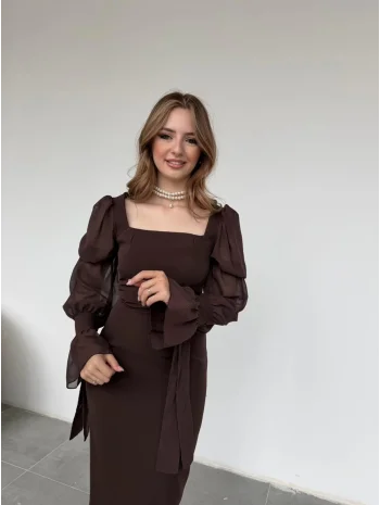 Bağlamalı Kol Tasarımlı Modern Kahve Elbise
