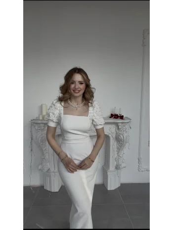 Balon Kol İnci İşlemeli Midi Boy Beyaz Elbise