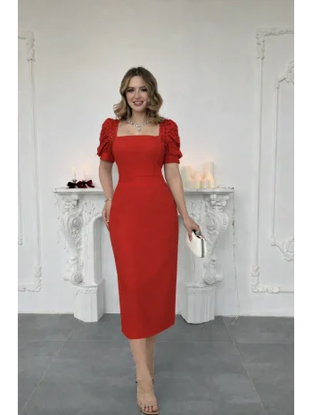 Balon Kol İnci İşlemeli Midi Boy Kırmızı Elbise