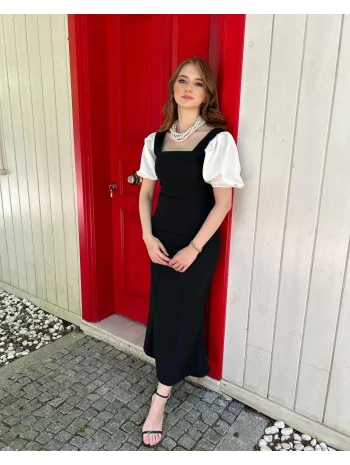 Balon Kol Kare Yaka Siyah Elbise
