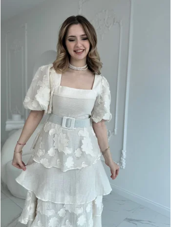 Balon Kol Kat Kat Kare Yaka Prenses Bej Elbise