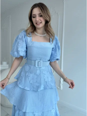 Balon Kol Kat Kat Kare Yaka Prenses Mavi Elbise