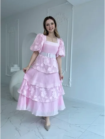 Balon Kol Kat Kat Kare Yaka Prenses Pembe Elbise