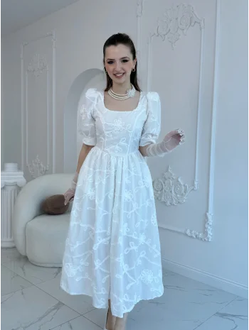 Balon Kollu Brode Elbise Ekru