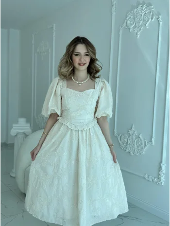 Balon Kollu Dantelli Brode Bej ELBİSE