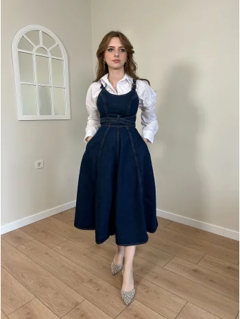 Bantlı Tasarım Midi Boy Kot Elbise