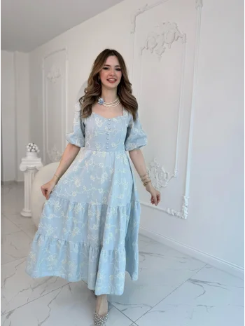 Bebe Mavi Süs Düğmeli Balon Kollu Brode Keten Elbise