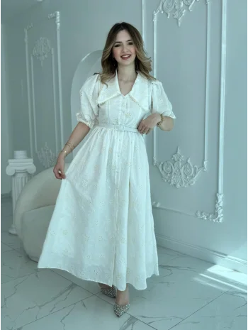 Sivri Bebe Yaka Balon Kollu Ekru Brode Elbise