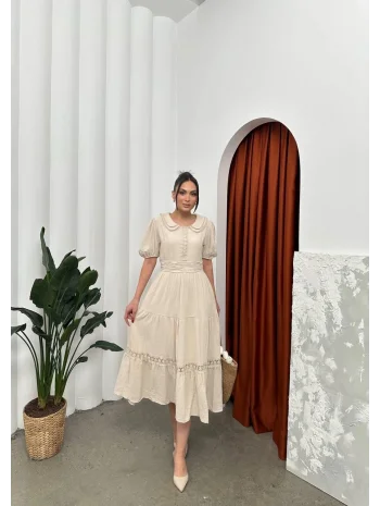 Bebe Yaka Müslin Kumaş Bej Elbise