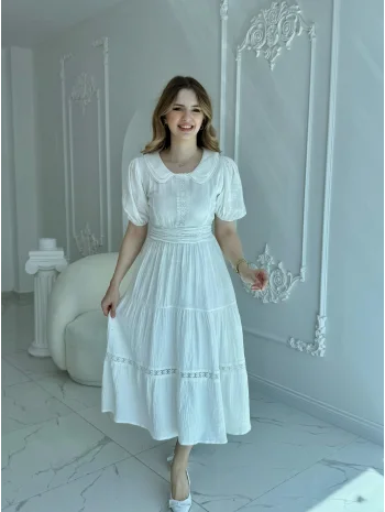 Bebe Yaka Müslin Kumaş Beyaz Elbise