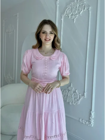 Bebe Yaka Müslin Kumaş Pembe Elbise