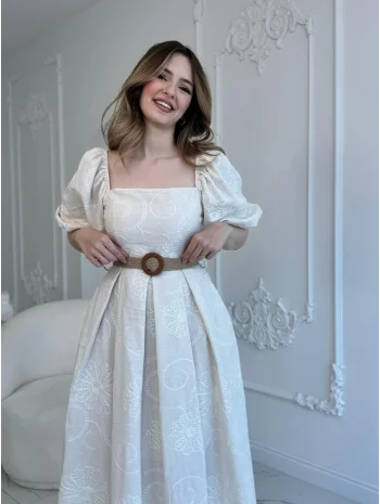Bej Balon Kollu Hasır Kemerli Brode Elbise