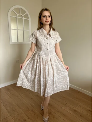 Bej Nakış İşlemeli Etek-Gömlek Takım