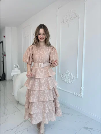 Bej Kat Kat Balon Kollu Kemerli Elbise