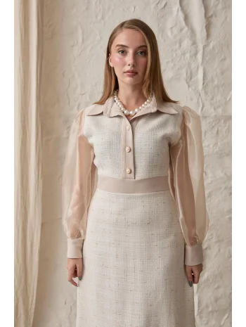 Bej Kolu Organze Garnili Elbise