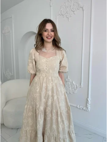 Bej Süs Düğmeli Balon Kollu Brode Keten Elbise