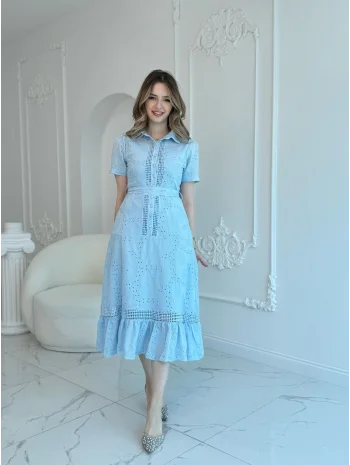 Mavi Fisto Midi Boy Düğmeli Elbise