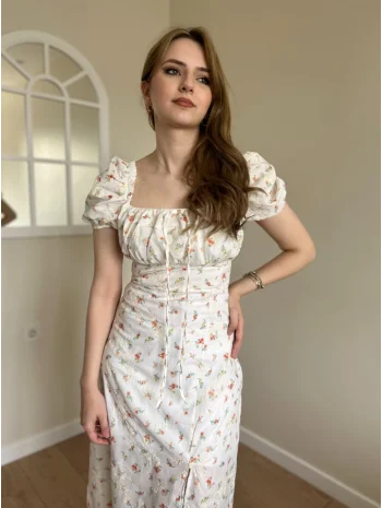 Beyaz Turuncu Minik Çiçek Desenli Elbise