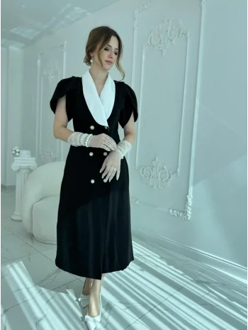 Beyaz Yaka İnci Düğme Midi Elbise