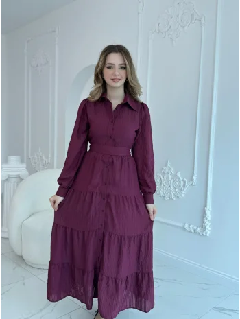 Bordo Çizgi Desenli Kuşaklı Uzun Elbise