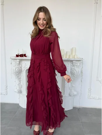 Büzgü Yakalı Eteği Volanlı Beli Kuşaklı Şifon Bordo Elbise