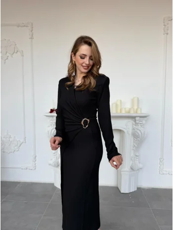 Çapraz Drape Detaylı Gold Tokalı Meloni Kumaş Siyah Elbise