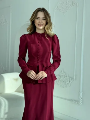 Ceket ve Etek Detaylı Bordo İkili Takım