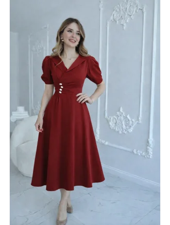 CEKET YAKA BALON KOL DÜĞME DETAY KIRMIZI ELBİSE