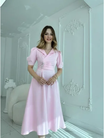 CEKET YAKA BALON KOL DÜĞME DETAY PEMBE ELBİSE