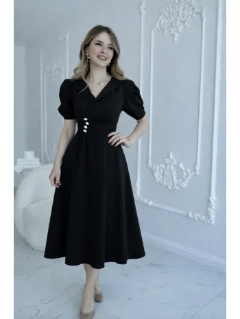 CEKET YAKA BALON KOL DÜĞME DETAY SİYAH ELBİSE