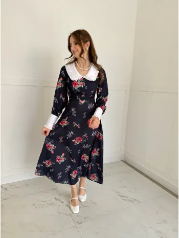 Çiçek Desenli Bebe Yaka Midi Boy Elbise