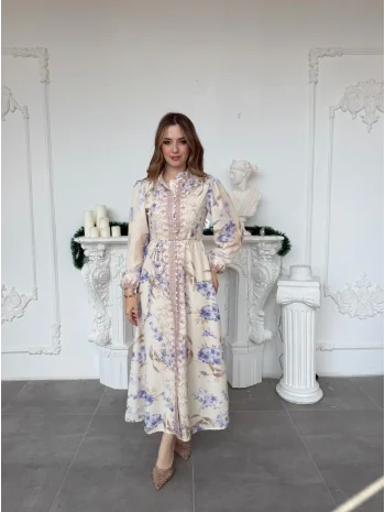 Çiçek Desenli Kuşak ve Düğme Detaylı Vintage Stil Keten Elbise