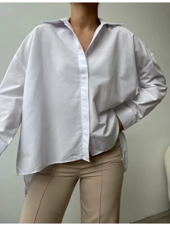 Çift Kat Yaka Gizli Düğmeli Beyaz Gömlek