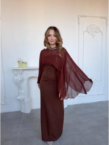 Çıkarılabilir Şal Detaylı Zarif Kahve Elbise