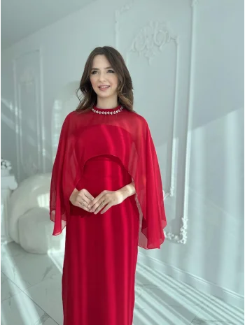 Çıkarılabilir Şal Detaylı Zarif Kırmızı Elbise
