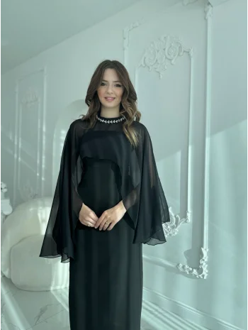 Çıkarılabilir Şal Detaylı Zarif Siyah Elbise