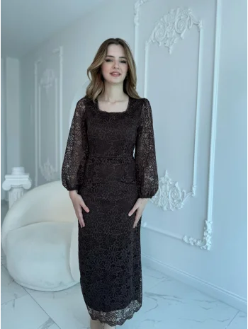 Dantel Maxi Boy Kahve Elbise