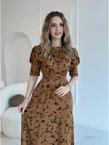 Sırt Bağlama Detaylı Desenli Maxi Boy Vizon Saten Elbise