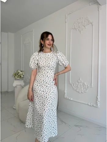 Dijital Çiçek Baskılı Atlas Kumaş Mavi Elbise