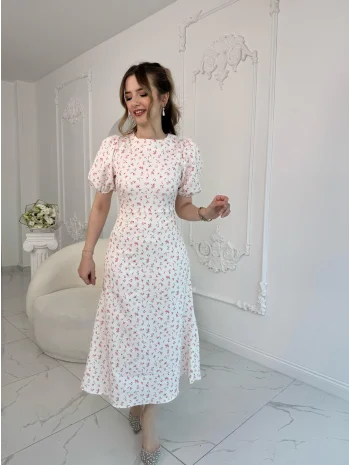 Dijital Çiçek Baskılı Atlas Kumaş Pembe Elbise