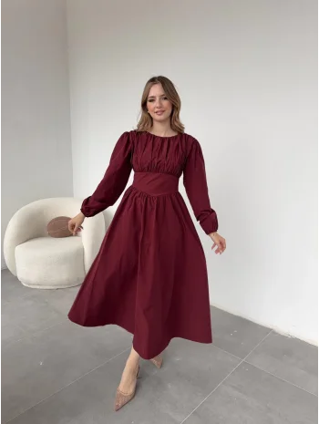 Drapeli Korsaj Detaylı Bordo Elbise